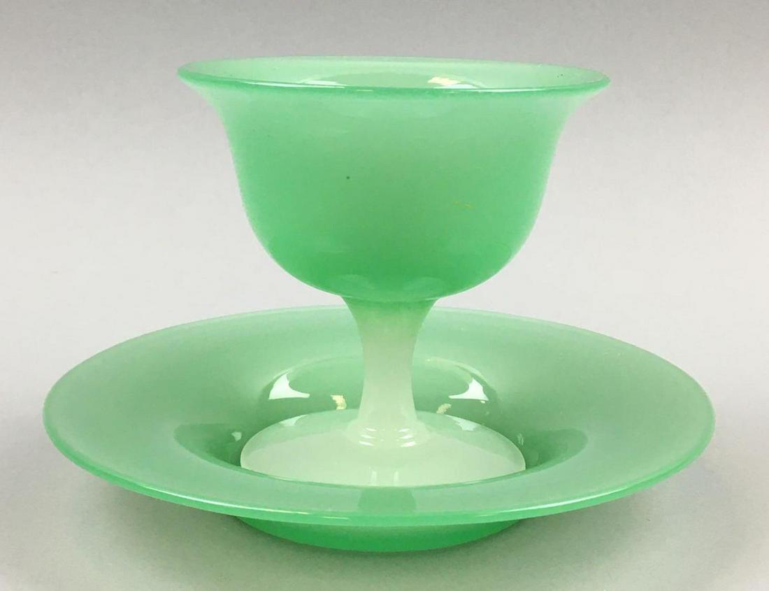 Steuben Jade Green /Alabaster Sherbet and Fitted: Steuben Jade Green and Alabaster Sherbet and fitted underplate (Carder design #2680) measures 3-3/4 x 3-7/8 inches. The piece is unsigned; has a ground and polished pontil; and is in excellent, vintag