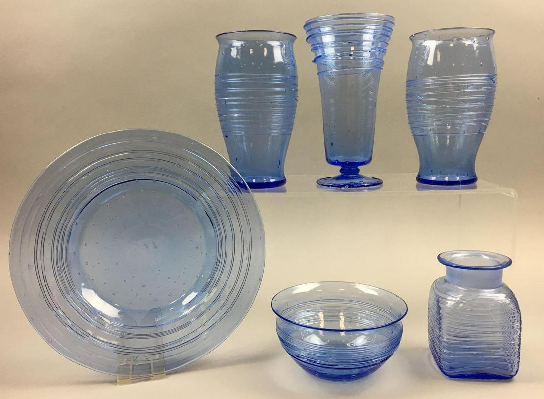 Set of 6 : Steuben Celeste Blue Air Bubble Patterned: Tallest Steuben Celeste Blue Footed Vase measures 6-3/4 x 3-1/2 inches. Steuben Celeste Blue Threaded Plate measures 1 x 8-1/2 inches. With attractive "Air Bubble" Patterning, all pieces in this group