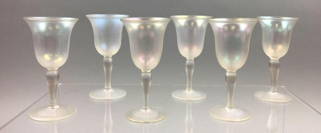 Set of 6 : Steuben "Verre de Soie" Cordials #476: A handsome set of six Steuben "Verre de Soie" Cordials (Carder design #476) measure approx. 3-5/8 x 1-7/8 inches; unsigned; and in excellent vintage condition, with slight surface scuffing due to age 