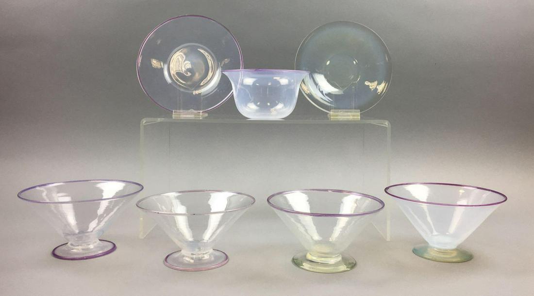 Lot of 7 : Steuben Opaline Bowls, Footed Bowls, and: This collection of Steuben Opaline pieces includes five Bowls and two Underplates