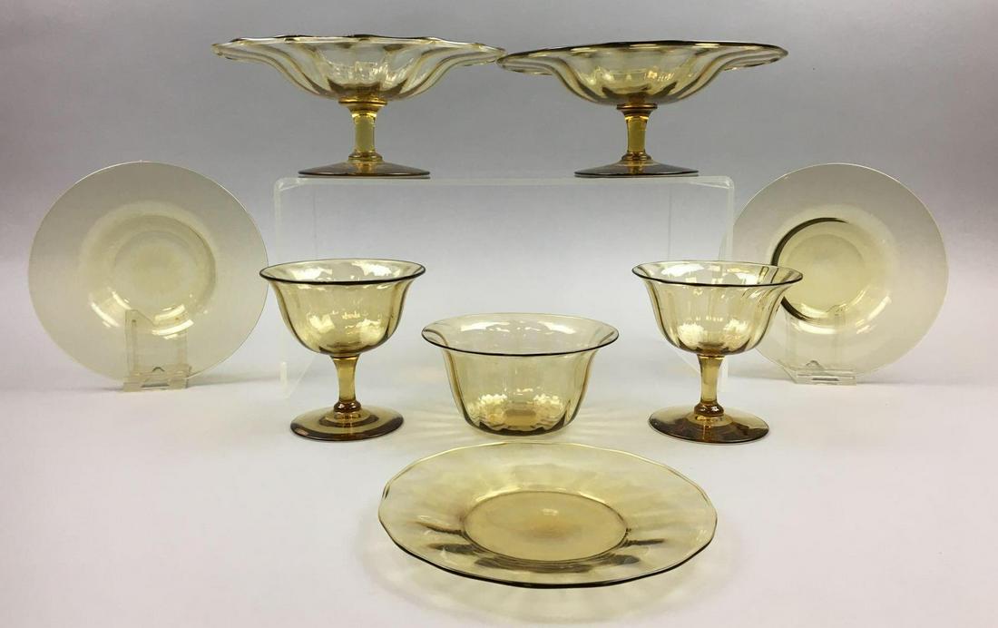 Steuben Amber Crystal Collection - 8 pieces: The tallest Steuben Amber compote measures 3 x 8-1/4 inches; underplates measure 3/4 x 6 inches