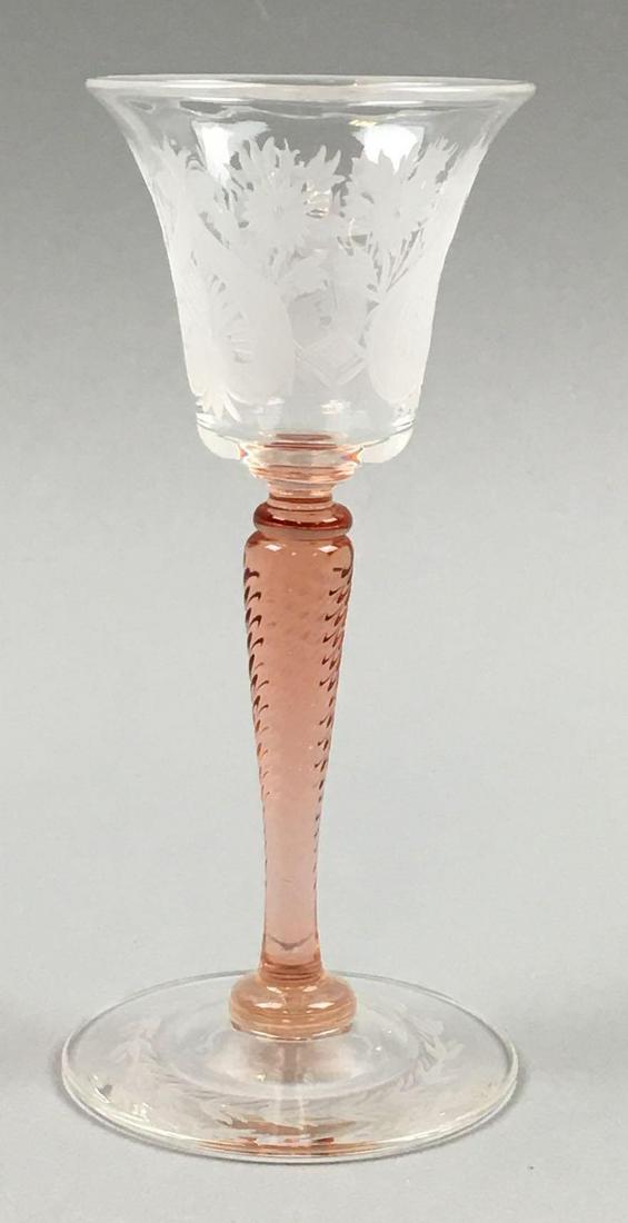 Steuben VanDyke Engraved Clear Crystal/ Rosa Cordial :: This beautifully detailed Steuben Clear Crystal w/ Rosa Stem and Wafer (Carder design #1037) measures 5-1/4 inches; is signed "Steuben"; and is in excellent condition, without chips or flaws