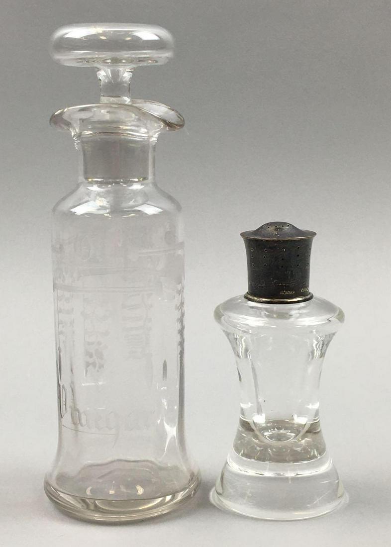 Vintage Steuben "Hawkes" Cut and Etched Cruet / w: The vintage acid etched cruet measures 7-1/8 x 2 inches; Steuben salt/w Sterling Silver top measures 4-1/2 x 2 inches. Both pieces in this lot are in exceptionally good vintage condition with only the