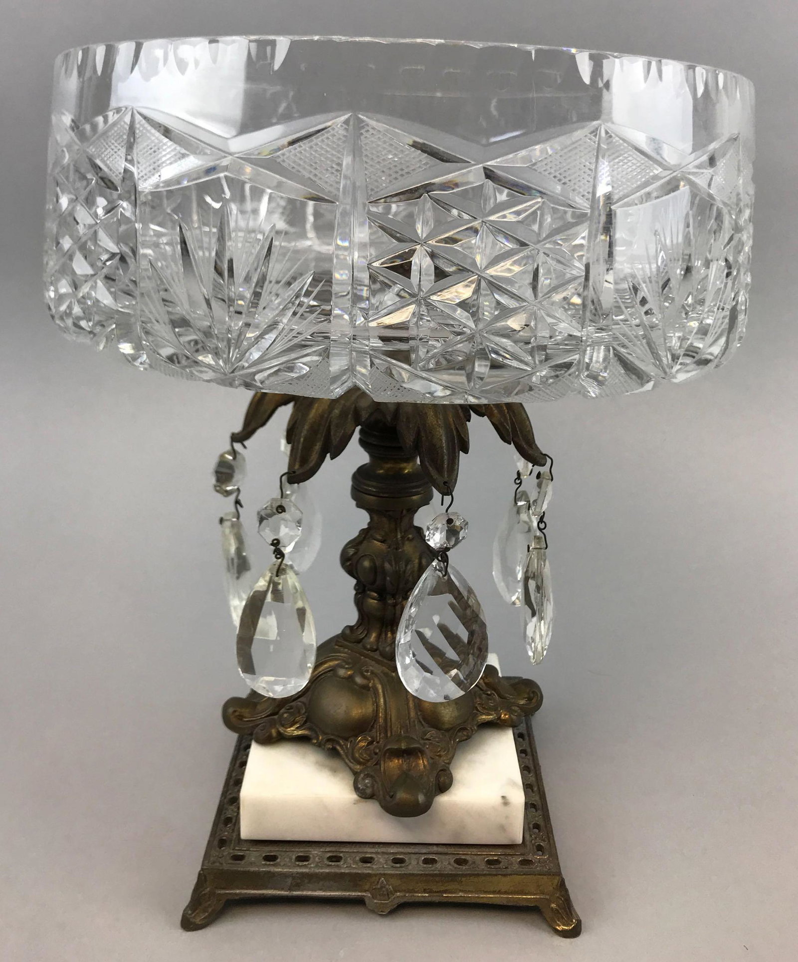 Vintage Cut Glass Compote: 11 1/2 inches tall. Brass and marble pedestal