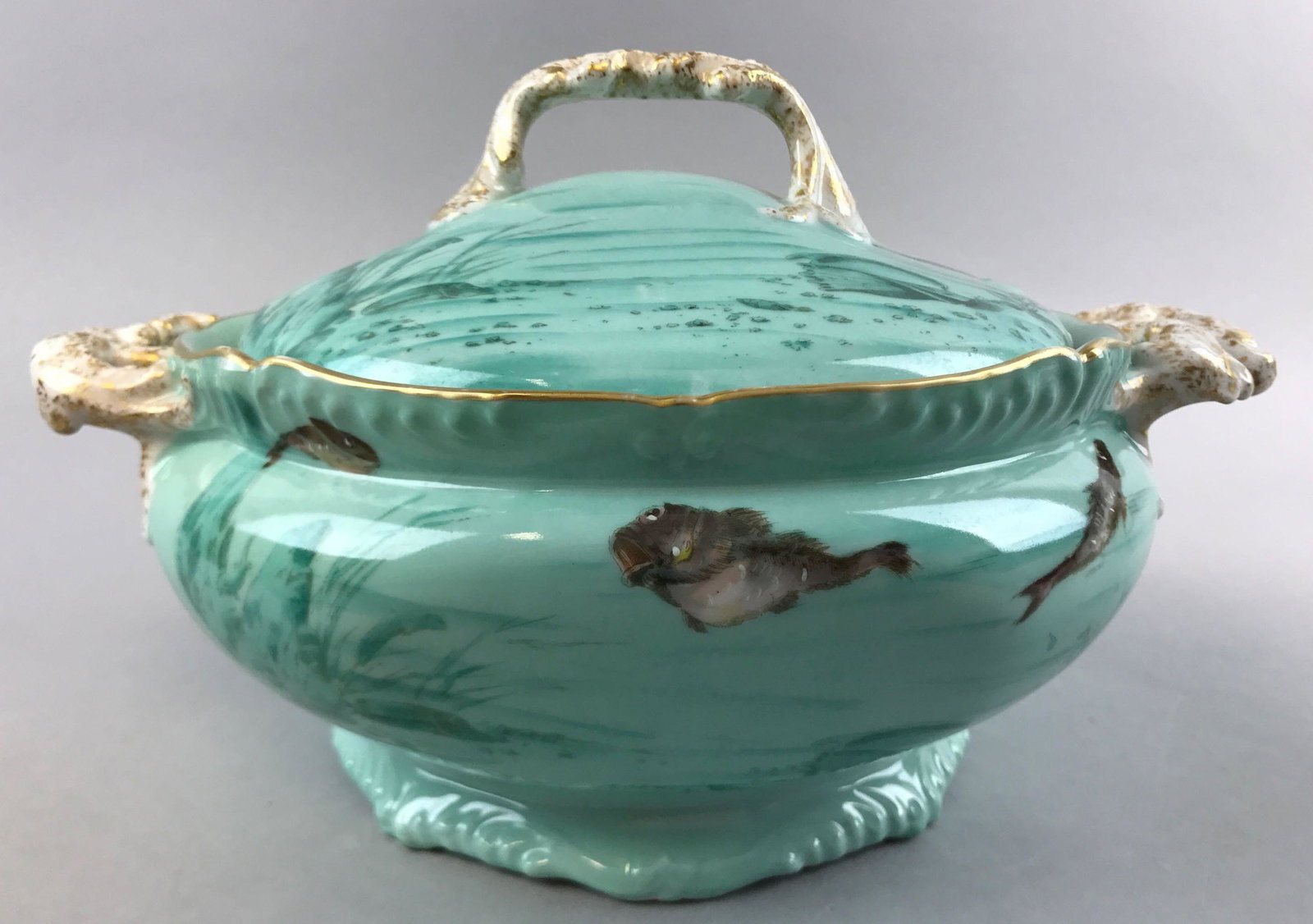 Vintage "T&V France" Hand Painted Soup Tureen: Lidded tureen measures 11 1/2 inches wide; features a hand painted verdant fish motif