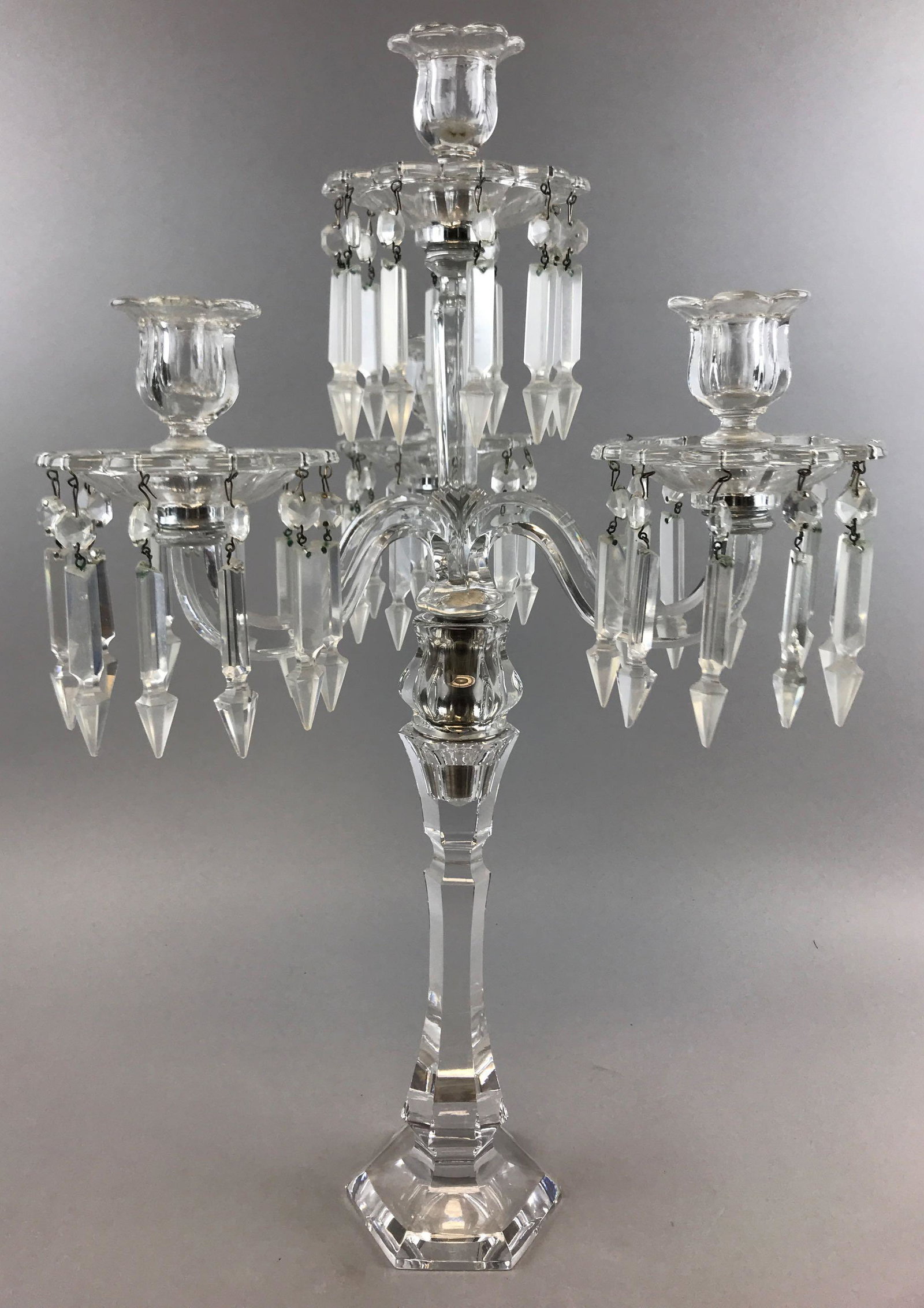 Vintage Double Arm Crystal Candelabra: 23 inches tallwear and minor chips - mostly to hanging prisms