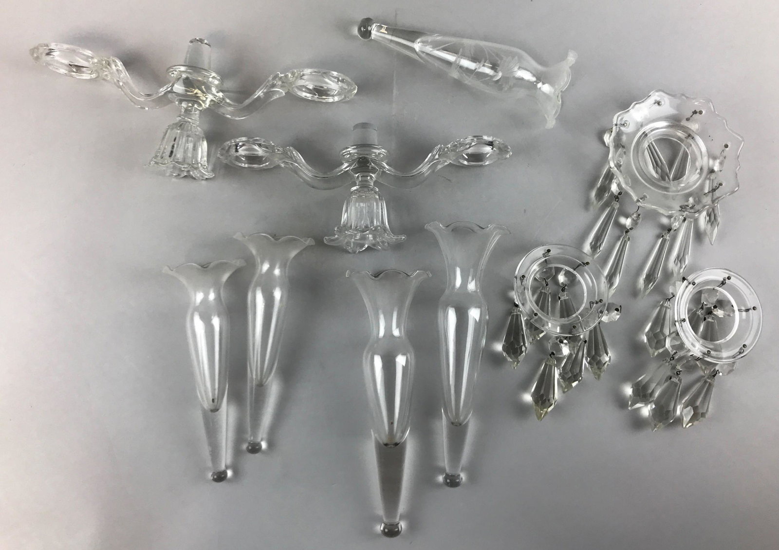 Antique Glass Epergne "Parts": Includes two bases, five vases, and three crystal bobeches w/ prisms