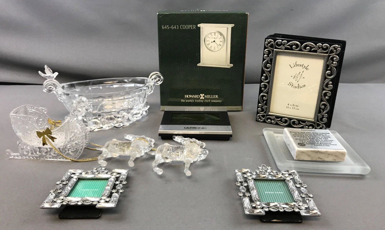 Random Grouping : Howard Miller Clock + Photo Album,: Howard Miller Clock in original box, untested