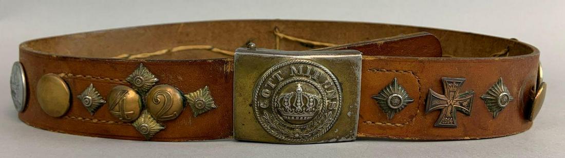 WW1 German "Hate" Belt: Includes Oriignal Brass Prussian Buckle and Many "Souvenir" Items Attatched