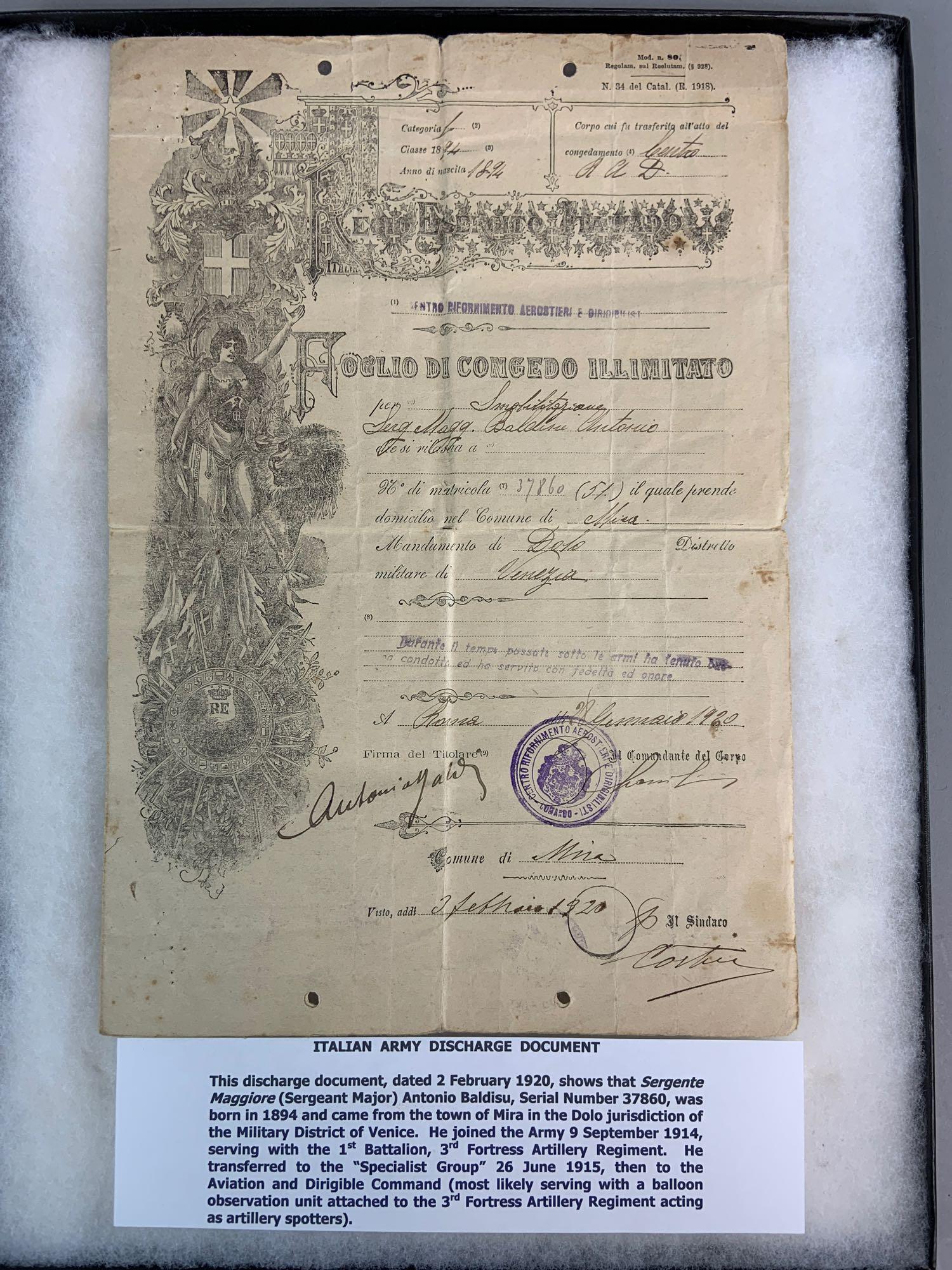 Large 2 Page WW1 Italian Army Discharge Document (1 of 4)