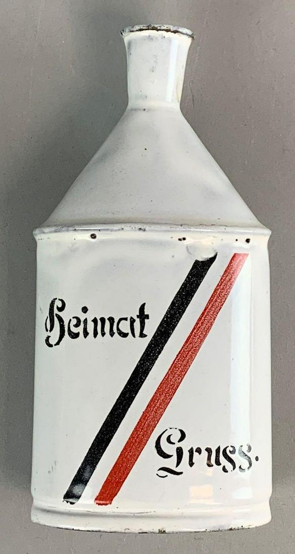WW1 German Enamelware Flack for Reservists Discharge: Has Cork Down Inside, Originally Held Brandy, Marked on Botto, Ges. Geschutze