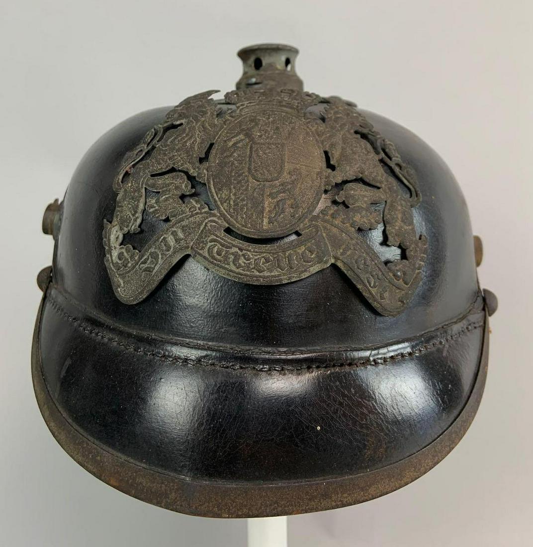 M1915 Bavarian Enlisted Spike Helmet: Outside Body Very Nice with Original Plate, Liner has Issues, Missing the Spike, Chinstrap, and Cocards, Overall and Untouched Helmet