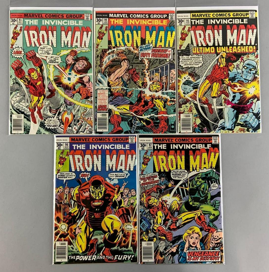 Group of 5 Marvel Comics The Invincible Iron Man Comic: Includes No. 93-97, No. 96 1st Appearance of Guardsman (Michael OðBrien); Don Perlin credit in #98, Dec-Apr 1976-77, Vol. 1 (First Prints), Bronze Age, $.30