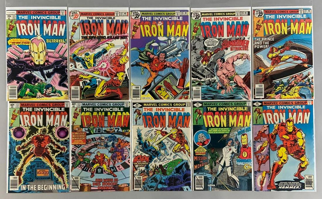 Group of 10 Marvel Comics The Invincible Iron Man Comic: Includes No. 115, No. 117 1st Appearance of Beth Cabe; 1st Appearance of Bethany Cabe, No. 118 1st appearance of James Rhodes (Rhodey); 1st appearance of Mrs. Arbogast, and No. 120 1st appearance of J