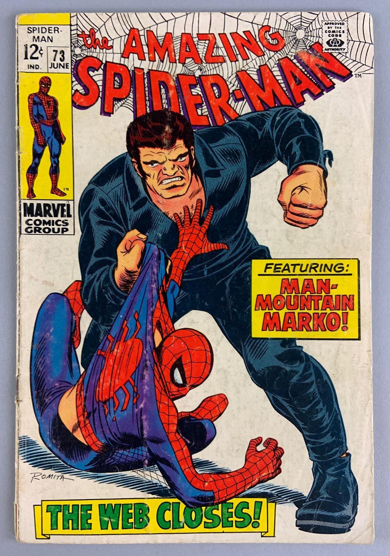 Marvel Comics Spider-Man No. 73 Comic Book: 1st appearance of Caesar Cicero; 1st appearance of Man-Mountain Marko; 1st appearance of Silvermane (Silvio Manfredi); Peter Sanderson L.O.C., June 1969, Vol. 1 (First Print), Silver Age, $.12