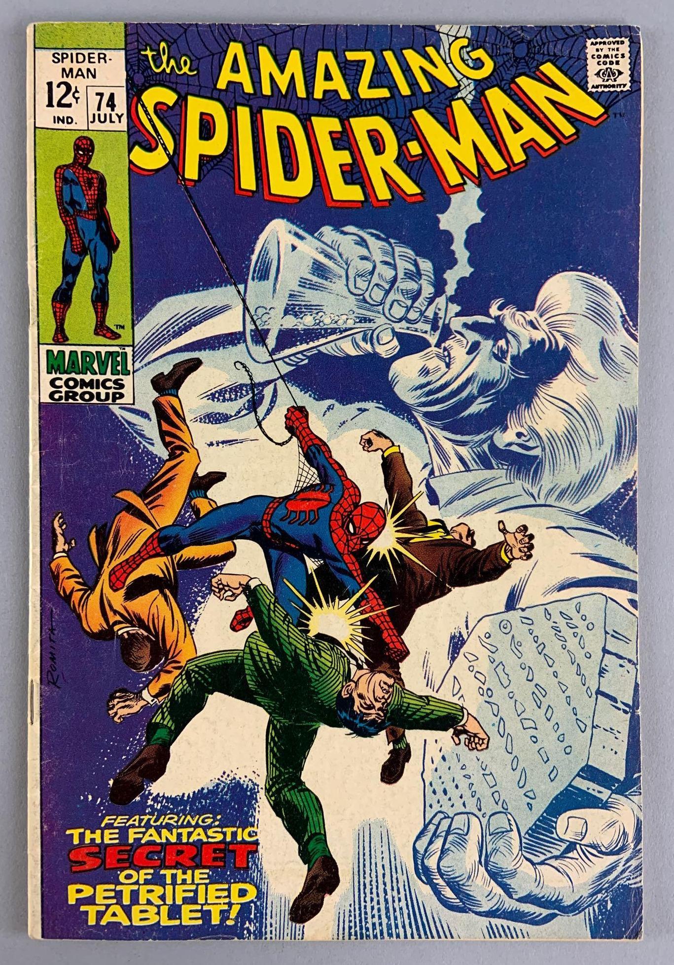 Marvel Comics Spider-Man No. 74 Comic Book: 2nd Appearance of Caesar Cicero; 2nd Appearance of Man-Mountain Marko; 2nd Appearance of Silvermane; Versus Caesar Cicero; Versus Man-Mountain Marko; Versus Silvermane, July 1969, Vol. 1 (First Print)