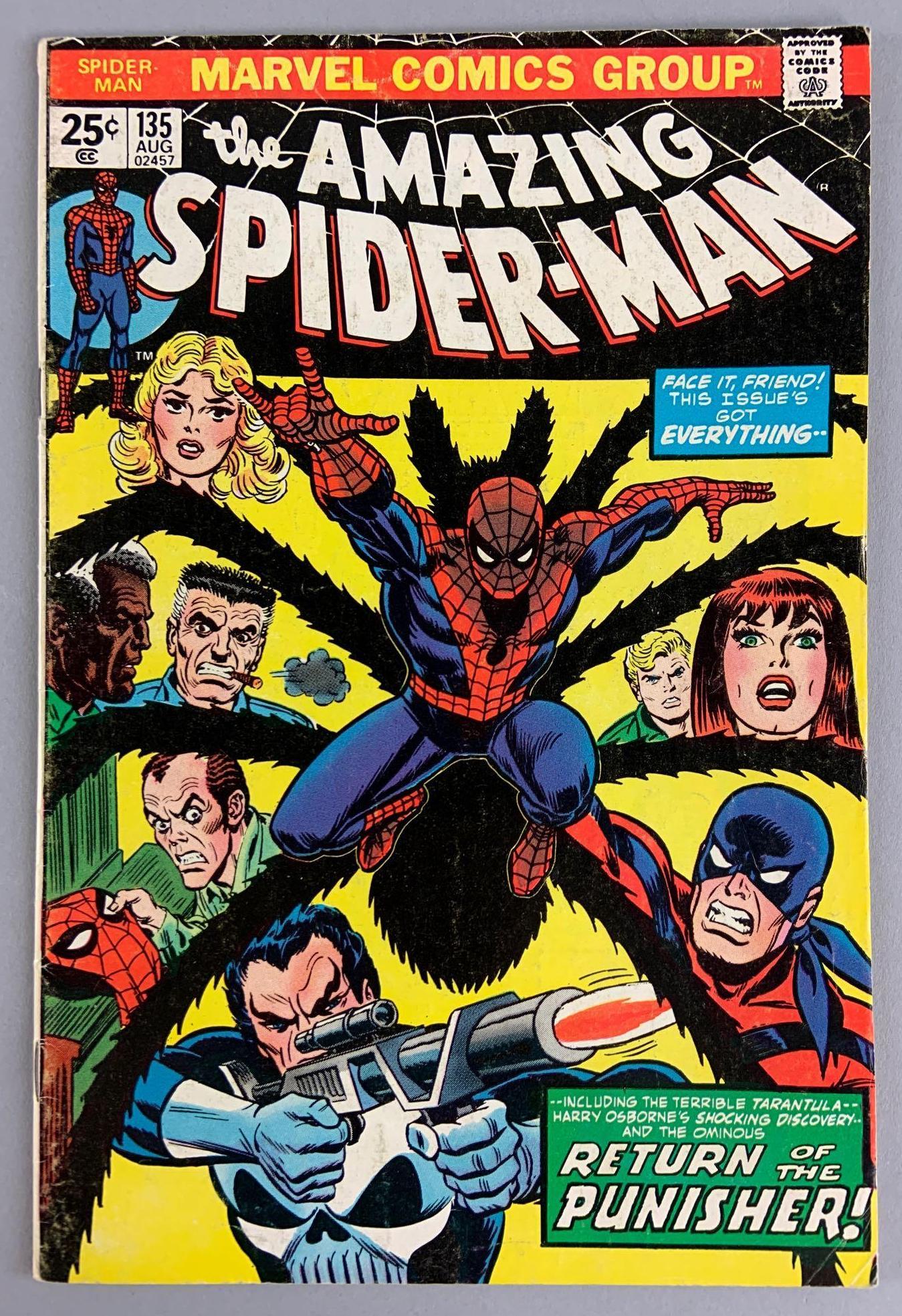 Marvel Comics Spider-Man No. 135 Comic Book: 2nd Full Punisher Appearance and Story, Origin of Tarantula (Anton Rodriguez); Marvel Value Stamp #4: Thing (Stamp has been Cut Out) August 1974, Vol. 1 (First Print), Bronze Age, $.25