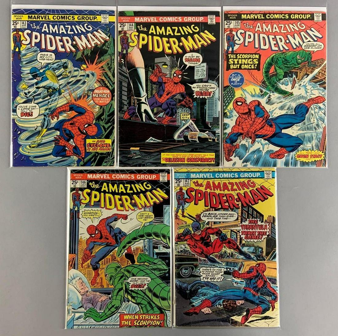 Group of 5 Marvel Comics Spider-Man Comic Books: Includes No. 143 1st appearance of Cyclone (Andre Gerard); Continues from Giant-Size Spider-Man #4, No. 144 1st Appearance of Gwen Stacy clone; Origin of Cyclone; Versus Cyclone; Marvel Value Stamp #1