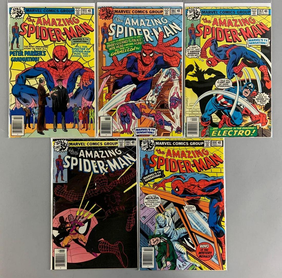 Group of 5 Marvel Comics Spider-Man Comic Books: Includes No. 185-189, Oct-Feb 1978-79, Vol. 1 (First Print), Bronze Age, $.35