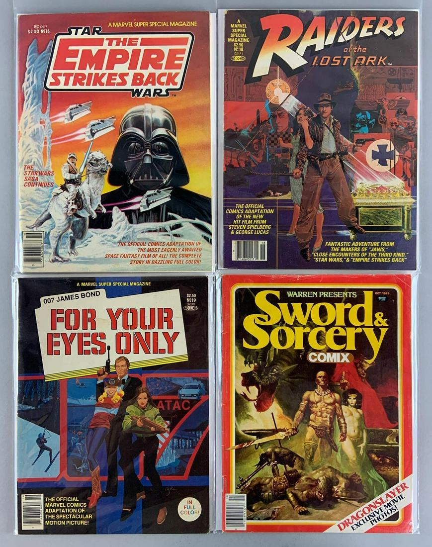 Group of 4 Star Wars, Indian Jones, and More Oversized: Includes Star War The Empire Strikes Back No. 16, Raiders of the Lost Ark No. 18, 007 James Bond For Your Eyes Only No. 19, and Sword and Sorcery Comic. Bagged and Boarded