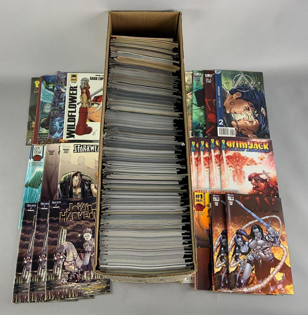 Long Box of Approximately 500 Plus Comic Books: Includes Various Independent Publishers (IDW, Arcana, and More). Featuring Advent Rising, Grim Jack, KAde, Stark Weather, and More. Many Duplicates, Circa 2000's and Up