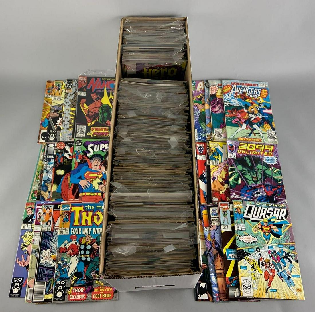 Long Box of Approximately 300 Plus Comic Books: Includes Marvel, DC, and Various Publishers. Featuring West Coast Avengers, 2099 Unlimited, Xmen, Quasar, Xmen, Namor, Batman, Thor, Superman, Superboy, Doom Patrol, She Hulk, What If, Hawkman, and Ma