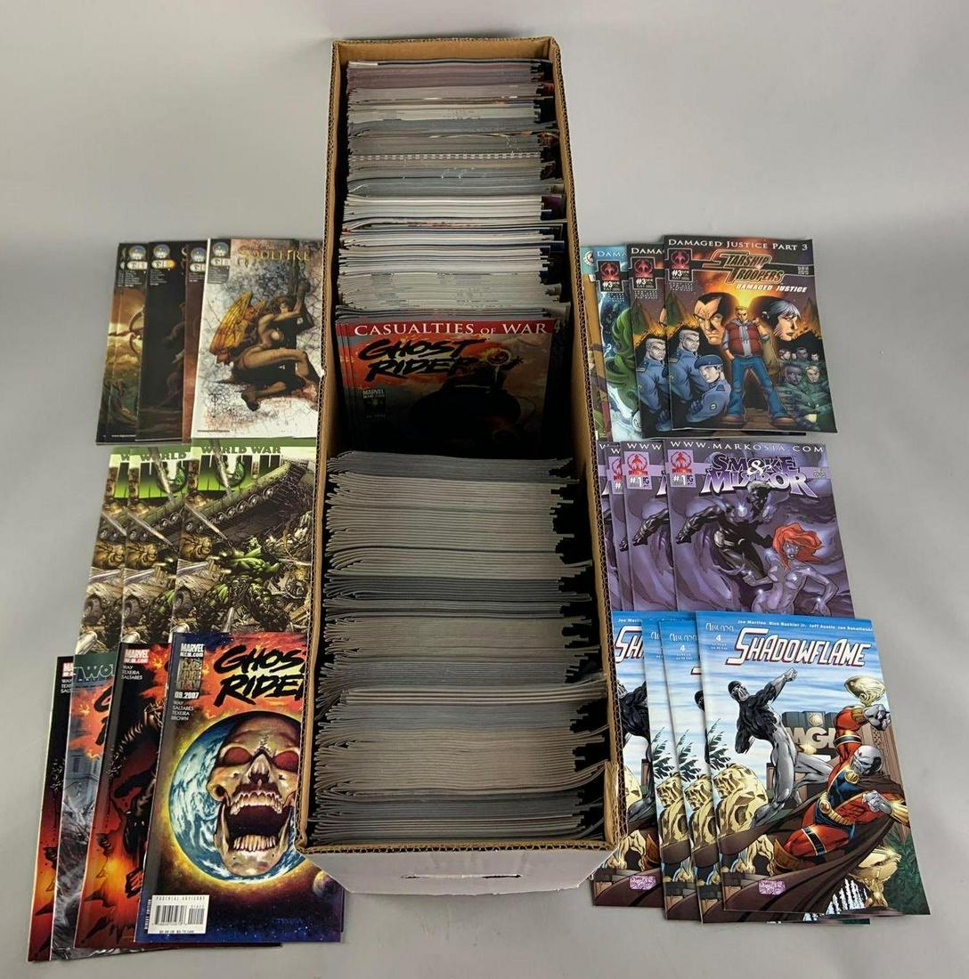 Long Box of Approximately 500 Plus Comic Books: Includes Marvel, DC, and Various Publishers. Featuring Starship Troopers, Smoke and Mirror, Ghost Rider, World War Hulk, Xmen, Transformers, Superman, and Many More. Many Duplicates, Circa 2000's and 