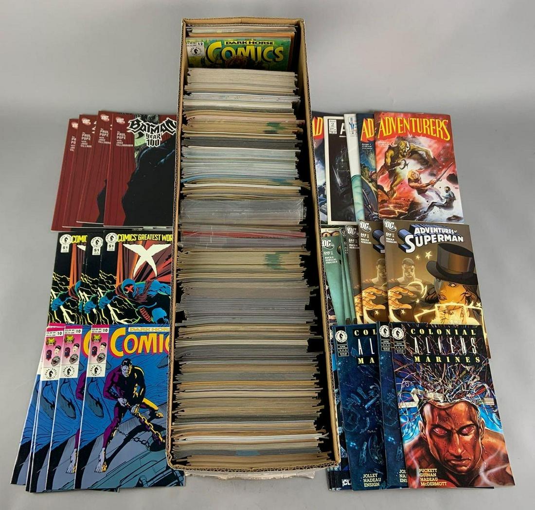 Long Box of Approximately 500 Plus Comic Books: Includes DC and Various Independent Publishers. Featuring Adventurers, Superman, Colonial Marines Aliens, Batman, X, and More. Circa 1990's and Up, Many Duplicates