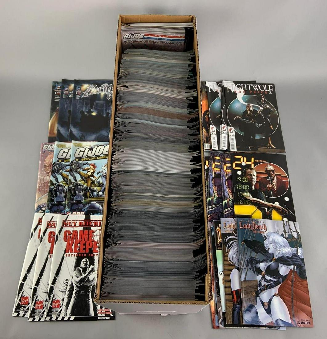Long Box of Approximately 500 Plus Comic Books: Includes Various Independent Publishers. Featuring Night Wolf, 24, Lady Death, GI Joe vs Transformers, Game Keeper, and Many More. Circa 2000's and Up, Many Duplicates
