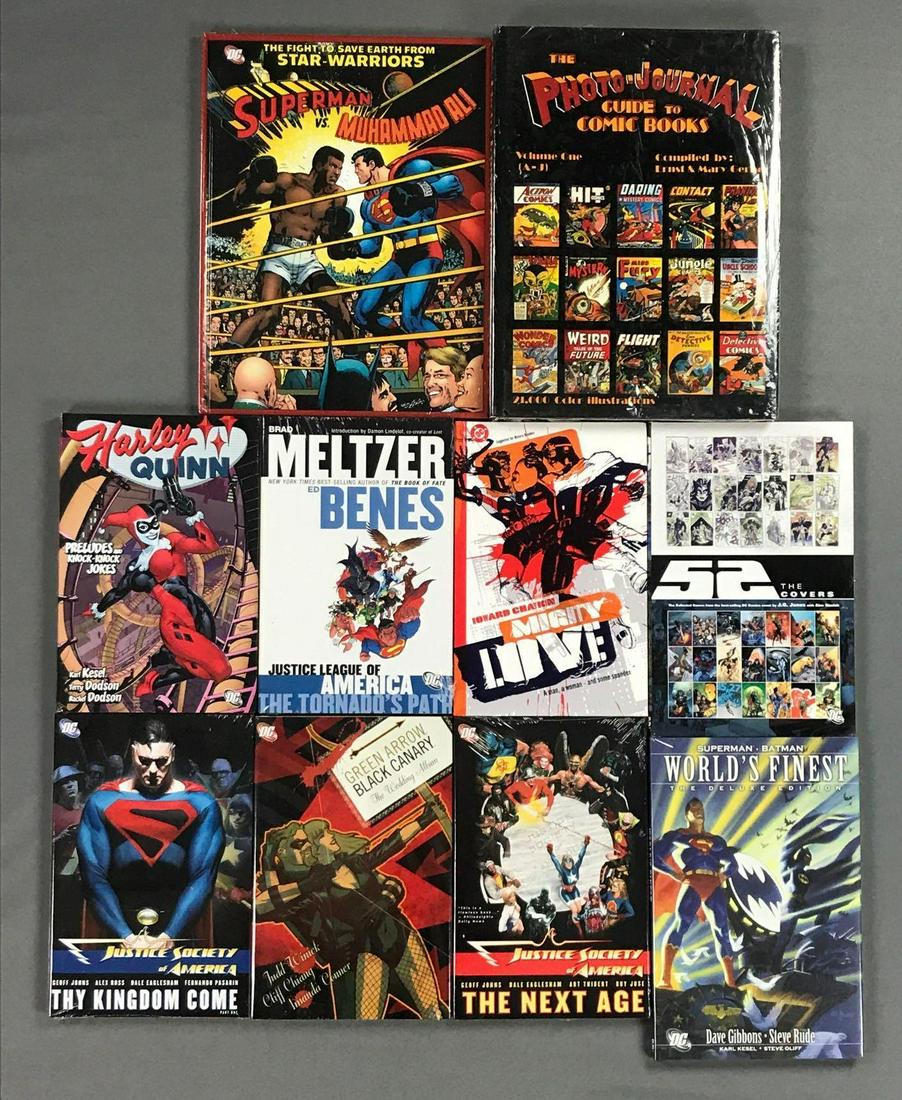 Group of 10 Hardcover Trade Comics: Includes Justice Society of America, Harley Quinn, The Photo-Journal Guide to Comic Books, and more