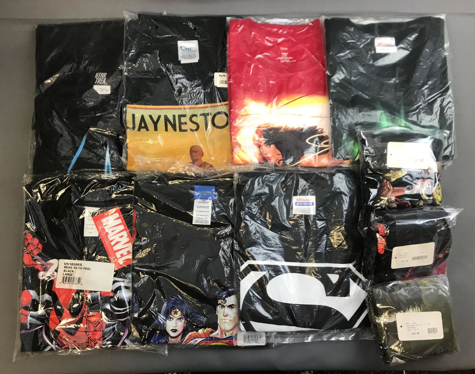 Group of 10 T-shirts including wonder woman, superman: Sizes from M-2XL. Jaynestown, Star Trek, Marvel and more