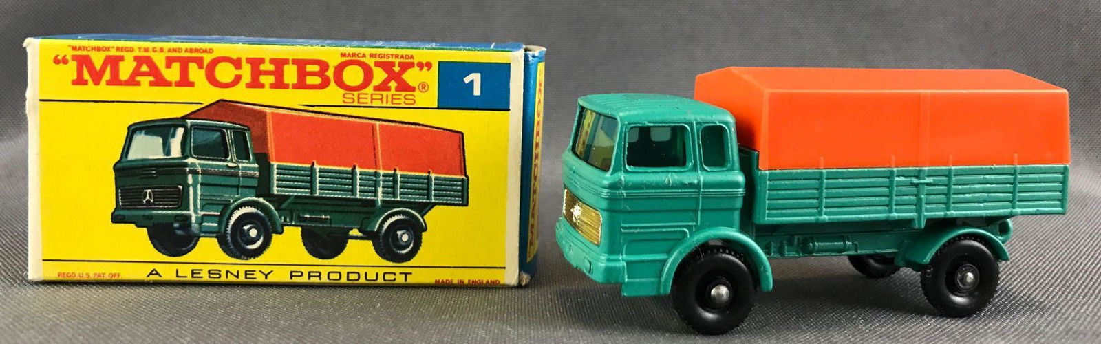 Matchbox No. 1 Mercedes Truck Die-Cast Vehicle with: Green body, blue/green windows, BPW. A Lesney Product. Made in England