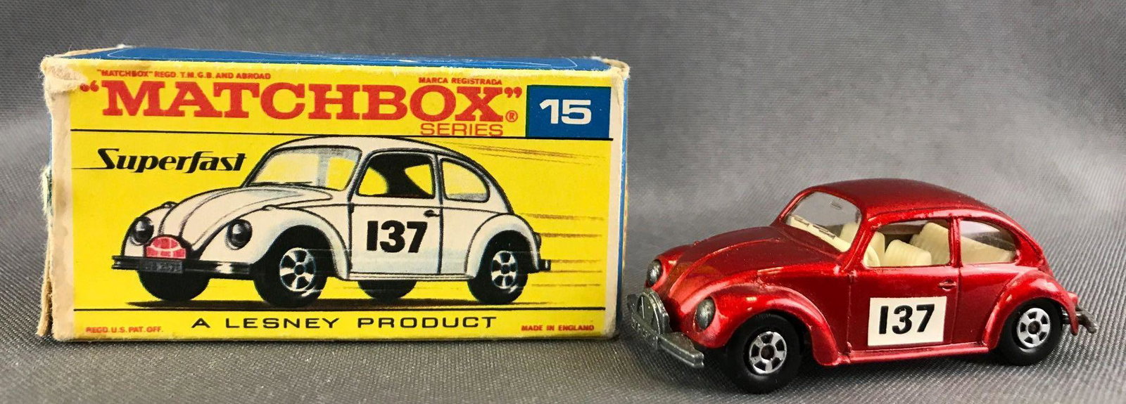Matchbox Superfast No. 15 Volkswagen Die-Cast Vehicle: Red body, BPW, 137 decals. Some box damage. A Lesney Product. Made in England
