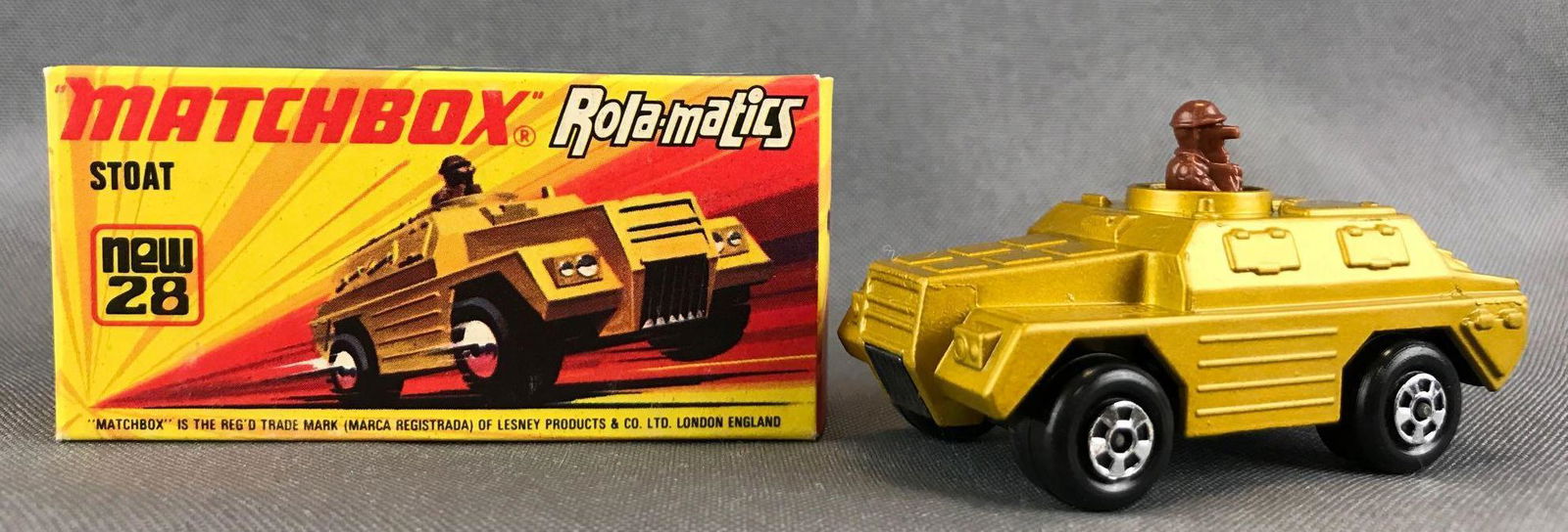 Matchbox Rola-Matics No. 28 Stoat Die-Cast Vehicle with: Gold body, BPW. A Lesney Product. Made in England