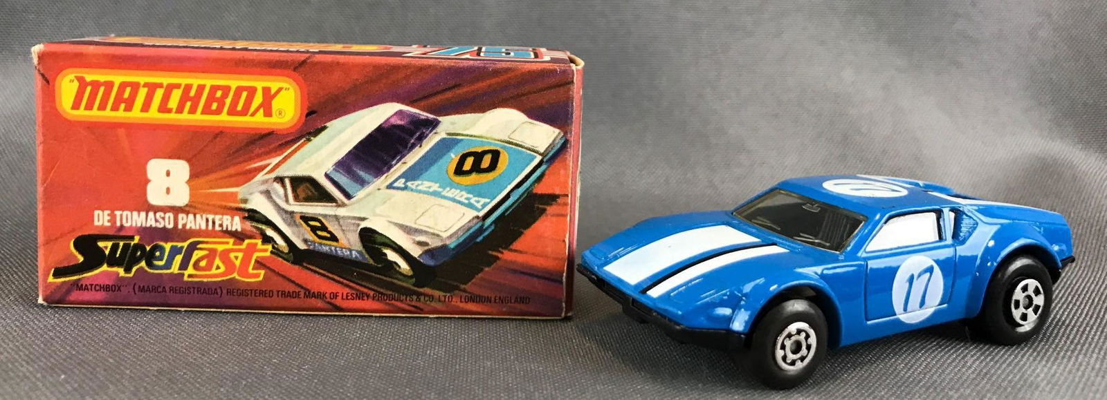 Matchbox Superfast No. 8 De Tomaso Pantera Die-Cast: Blue body, BPW, 17/stripes decals. A Lesney Product. Made in England