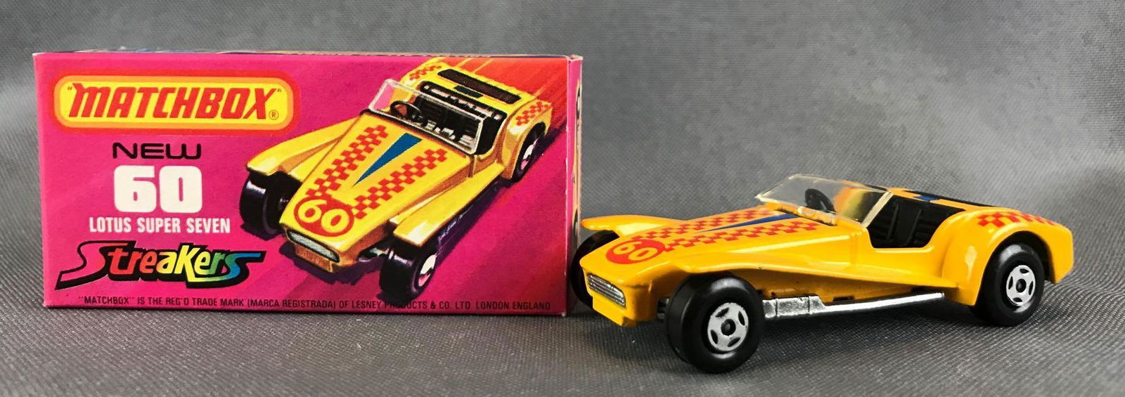Matchbox Streakers No. 60 Lotus Super Seven Die-Cast: Yellow body, BPW, 60/checker decals. A Lesney Product. Made in England