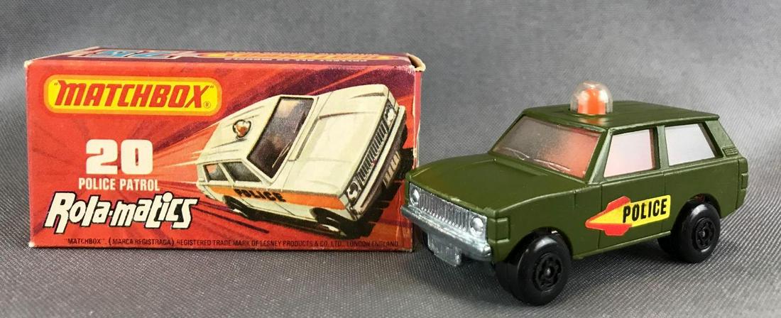 Matchbox Rola-Matics No. 20 Police Patrol Die-Cast: Green body, BPW, Police decals. A Lesney Product. Made in England