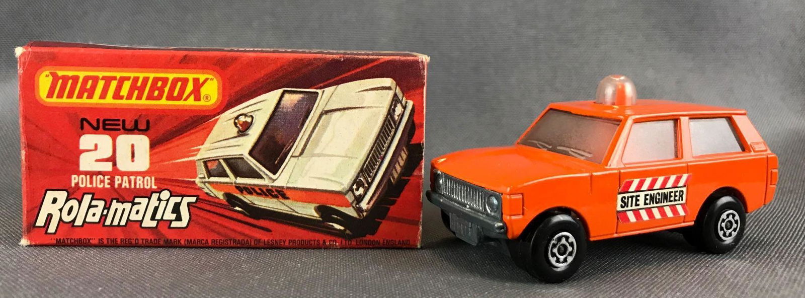 Matchbox Rola-Matics No. 20 Police Patrol Die-Cast: Orange body, BPW, Site Engineer decals. A Lesney Product. Made in England