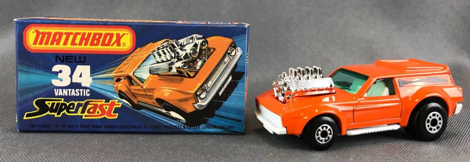 Matchbox Superfast No. 34 Vantastic Die-Cast Vehicle: Orange body, white base, blue/green windows, BPW. A Lesney Product. Made in England