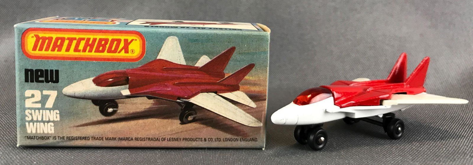 Matchbox No. 27 Swing Wing Die-Cast Vehicle with: Red body, white base, red window, BPW. A Lesney Product. Made in England