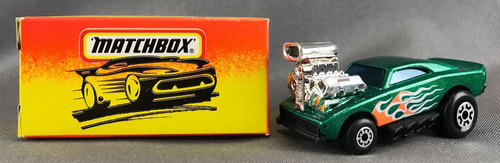 Matchbox No. 41 Cosmic Blues Die-Cast Vehicle with: Green body, blue windows, BPW, flame decals. A Lesney Product. Made in Thailand