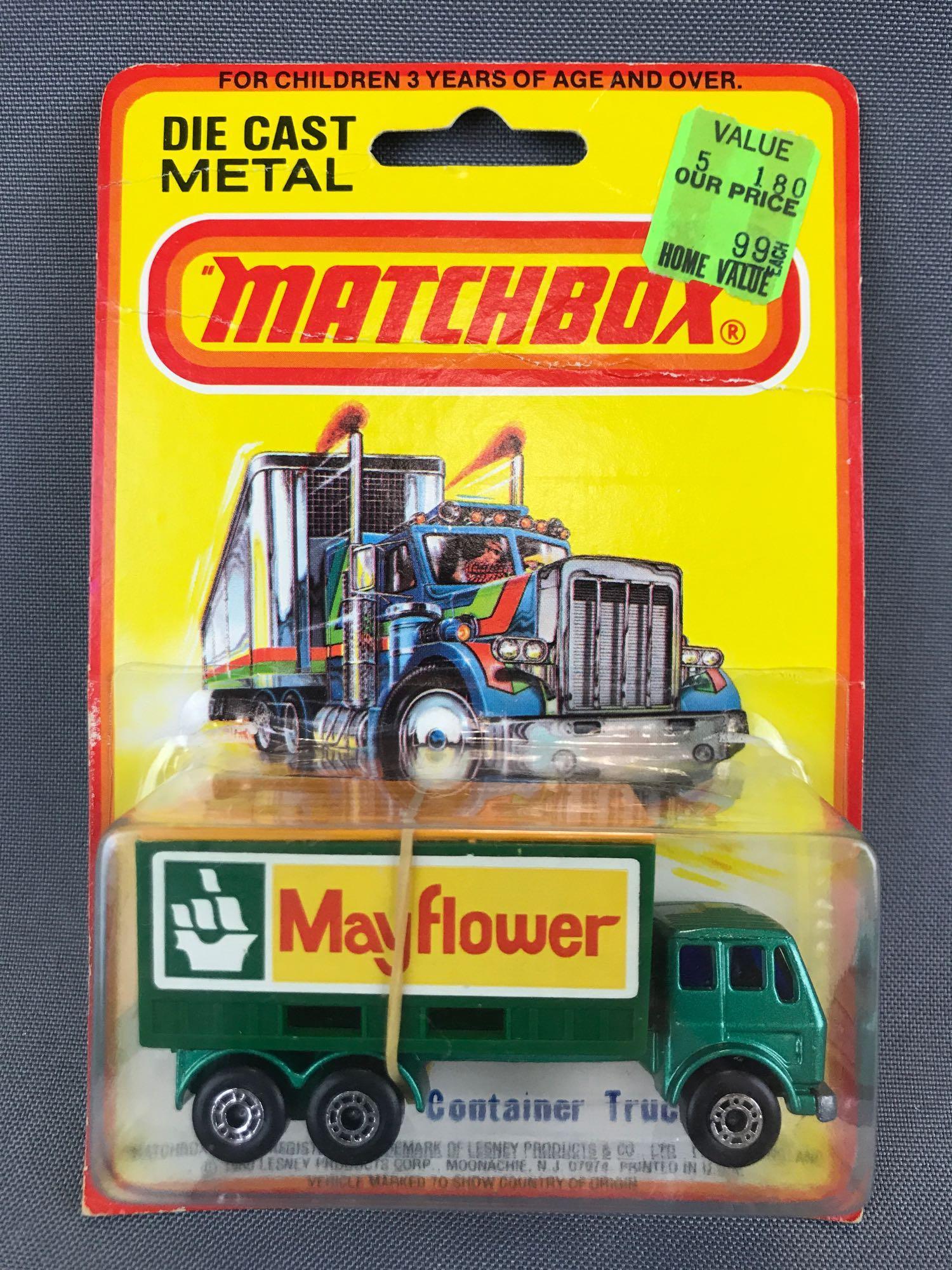 Matchbox No. 42 Mercedes Container Truck Die-Cast: Green body, blue windows, BPW. Mayflower decals. A Lesney Product. Made in England