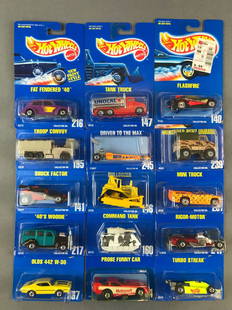 Group of 15 Hot Wheels Die-Cast Vehicles in Original: Includes No. 267 Olds 442 W-30, No. 146 Bulldozer, No. 239 Mercedes-Benz Unimog, and more