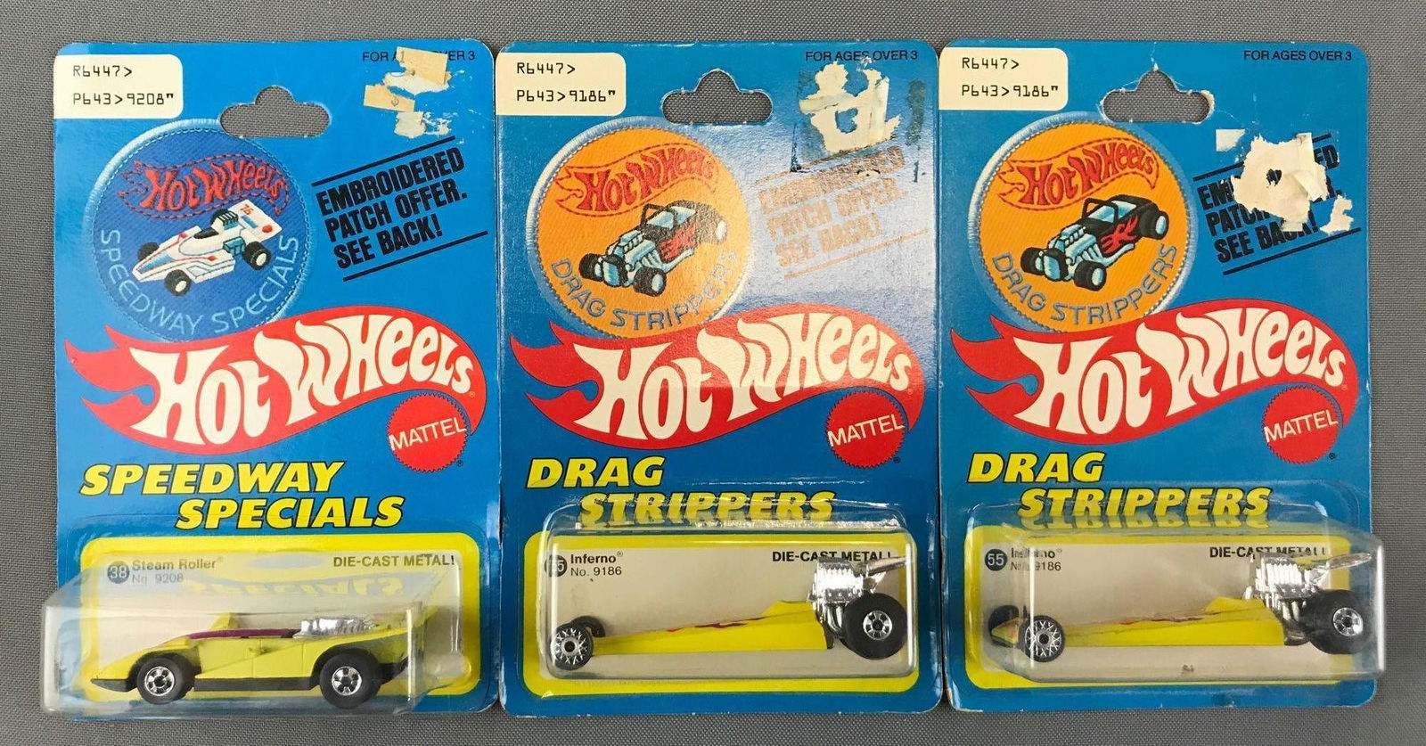 Group of 3 Hot Wheels Drag Strippers and Speedway: Includes Steam Roller and Inferno. New in original packaging