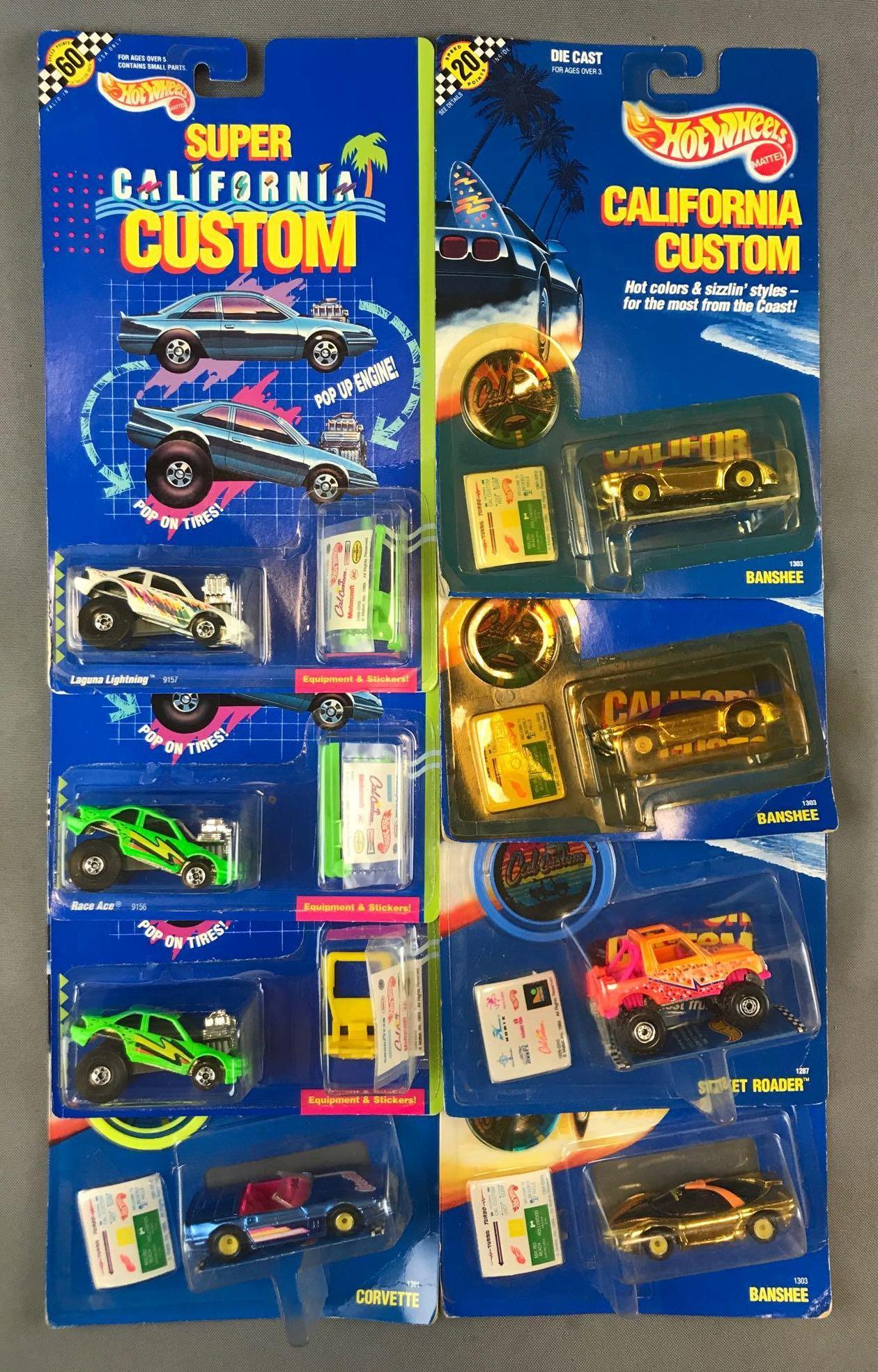 Group of 8 Hot Wheels California Custom and Super: Includes No. 9156 Race Ace, No. 1303 Banshee, No. 1301 Corvette, and more