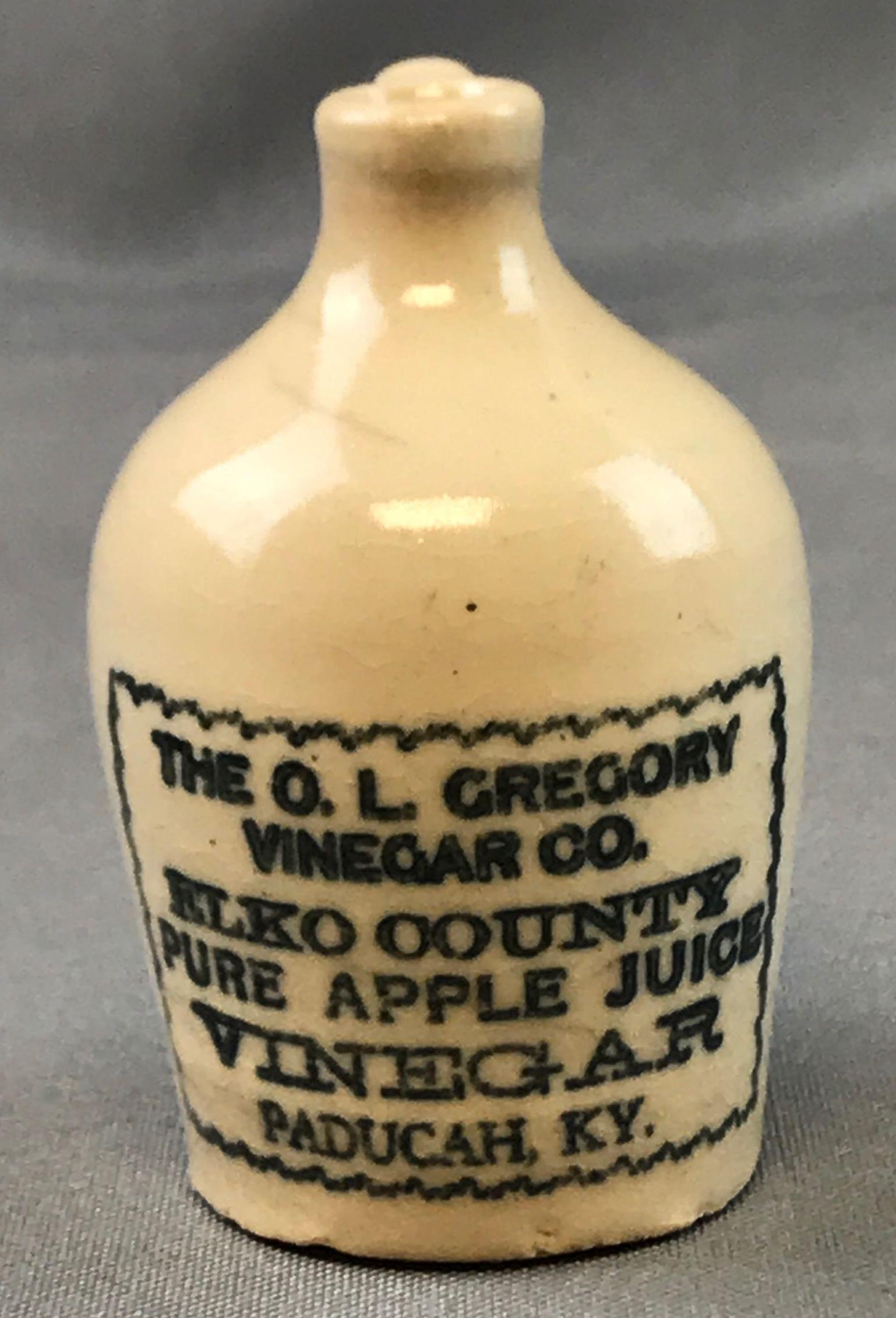 Antique Miniature Stoneware Apple Juice Vinegar Jug: 3 inches tall; The OL Gregory Vinegar Co, ElkoÊCounty, Paducah, KY.Ê