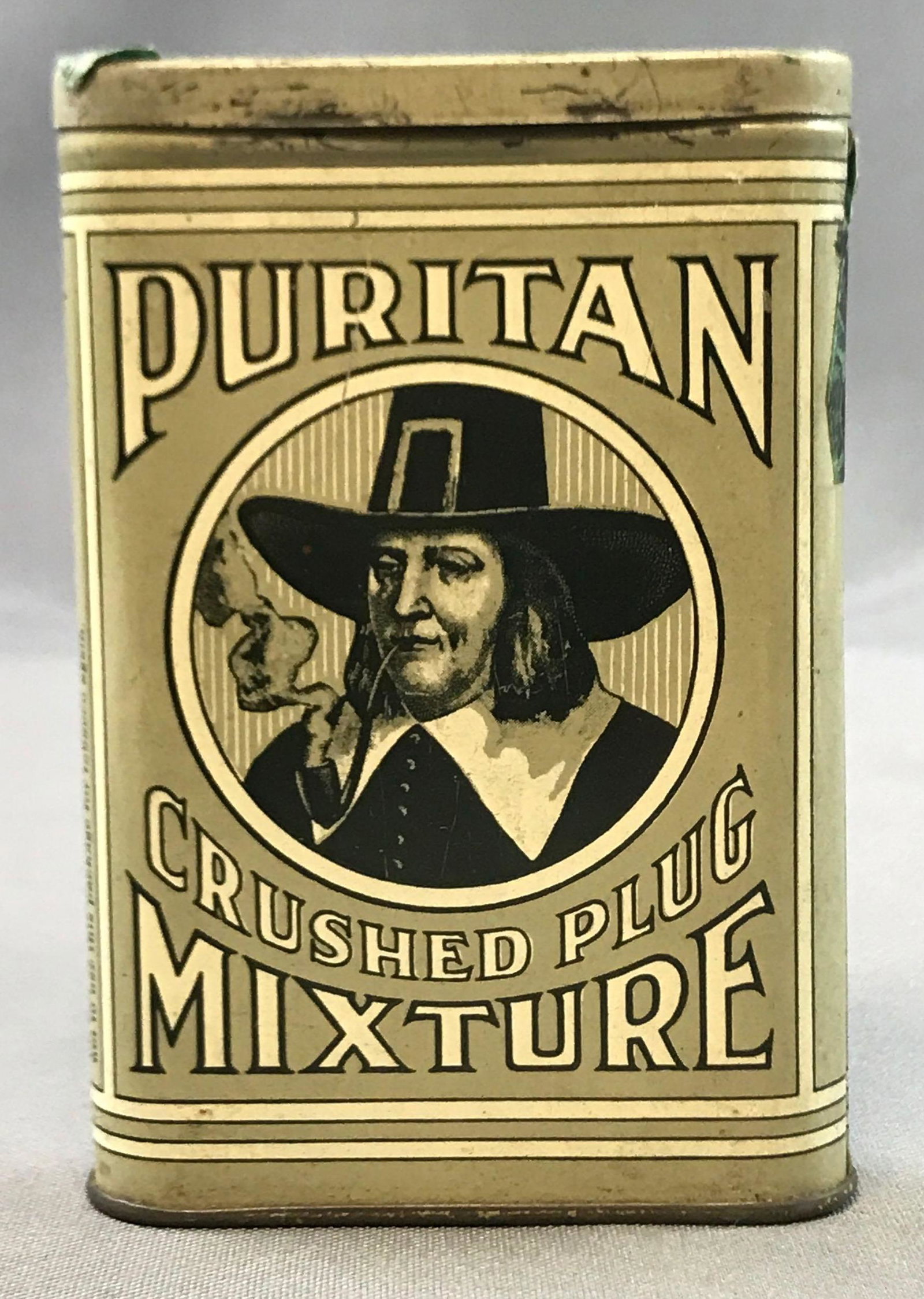 Vintage "Puritan Crushed Plug Mixture" Vertical Tobacco: 4 1/2 inches tall; Manufactured by Philip Morris and Company, New York (Factory No. 15, District of Virginia)