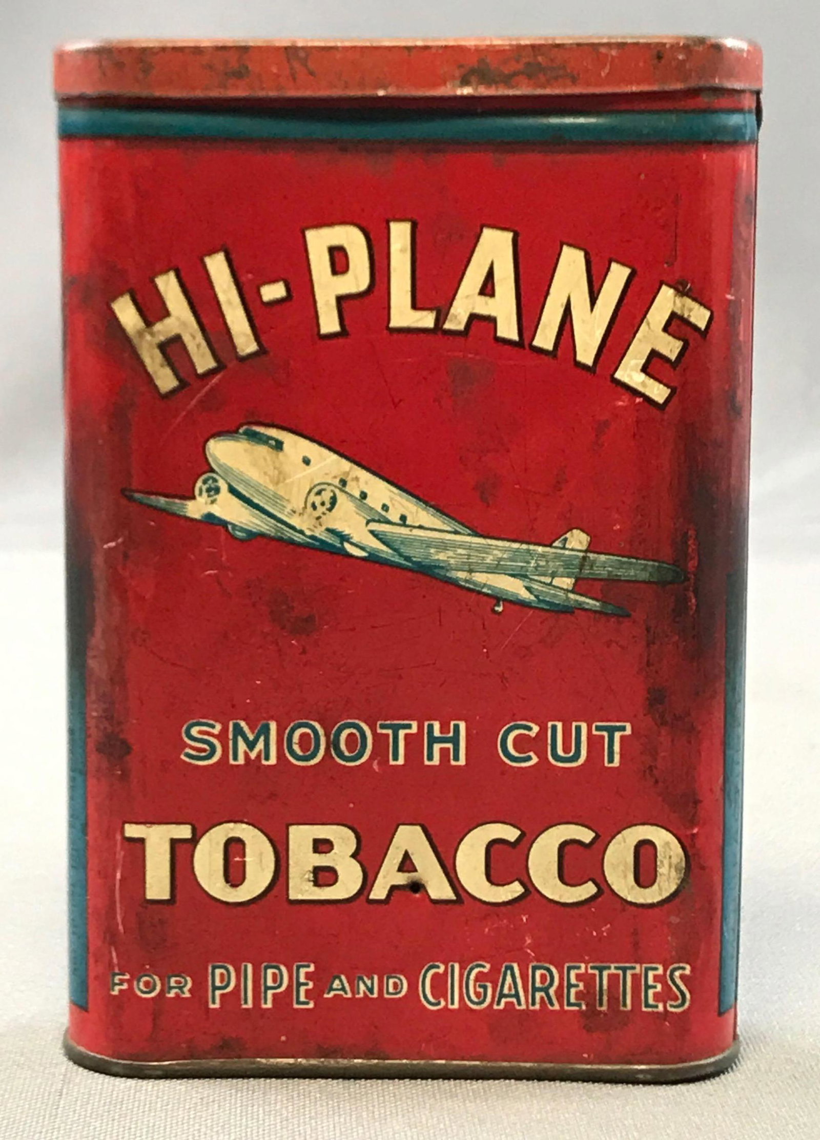Vintage "Hi-Plane Smooth Cut" Vertical Tobacco Tin: 4 1/2 inches tall; Larus and Bro Co, Richmond VA.