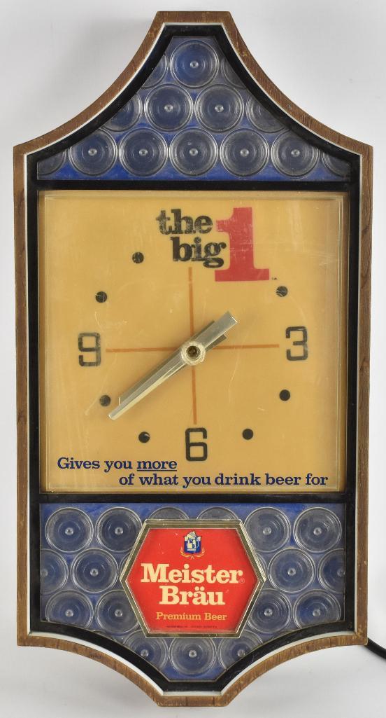Vintage Meister Brau ÒThe Big 1Ó Light-up Advertising: 10 1/4 x 20 1/4 x 4 inches; "Gives you more of what you drink beer for"; working condition/ crack in face