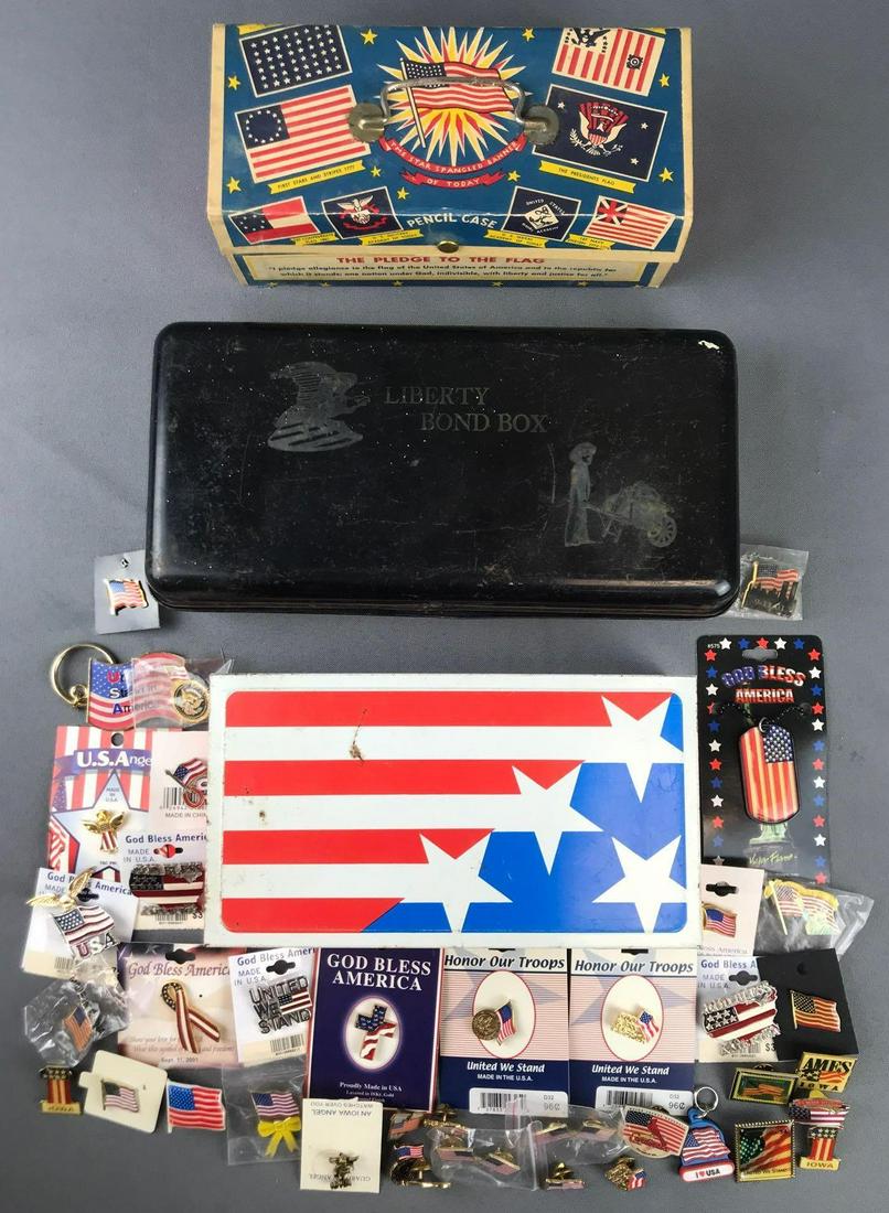 Group of 40+ Patriotic Items - Boxes, Pins, Keychains: Largest is 11 1/2 x 5 1/2 x 2 1/4 inches; "Liberty Bonds" box has a broken lock w/o key